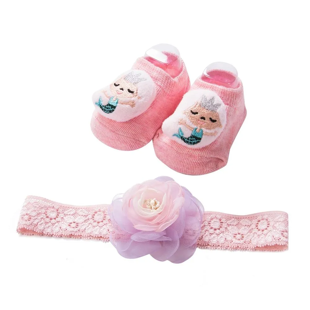 2 Pcs Set Baby Girl Lovely Flower Bowknot Crown Lace Headwrap   Lace Cute Kids Shoes