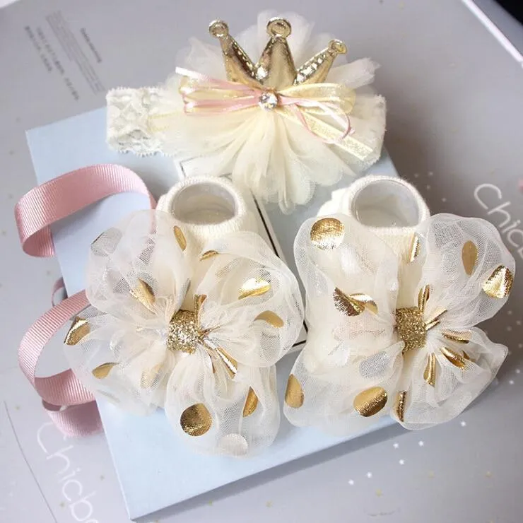 2 Pcs Set Baby Girl Lovely Flower Bowknot Crown Lace Headwrap   Lace Cute Kids Shoes