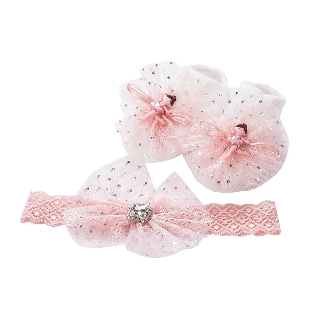 2 Pcs Set Baby Girl Lovely Flower Bowknot Crown Lace Headwrap   Lace Cute Kids Shoes