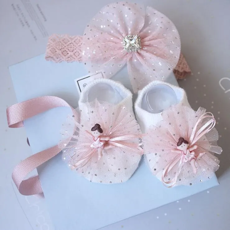 2 Pcs Set Baby Girl Lovely Flower Bowknot Crown Lace Headwrap   Lace Cute Kids Shoes