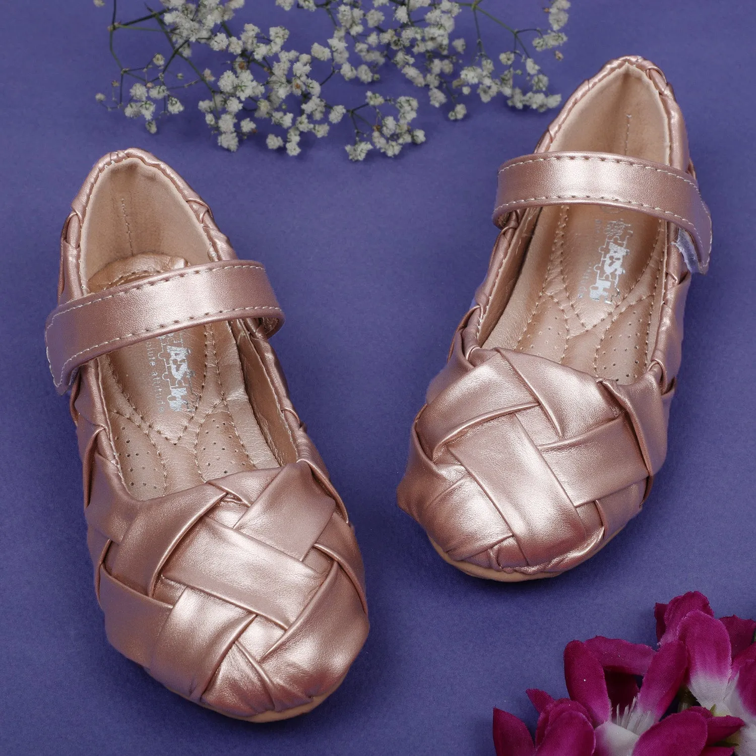 Baby Moo x Bash Kids Shiny Braided Mary Jane Party Ballerinas - Rose Gold