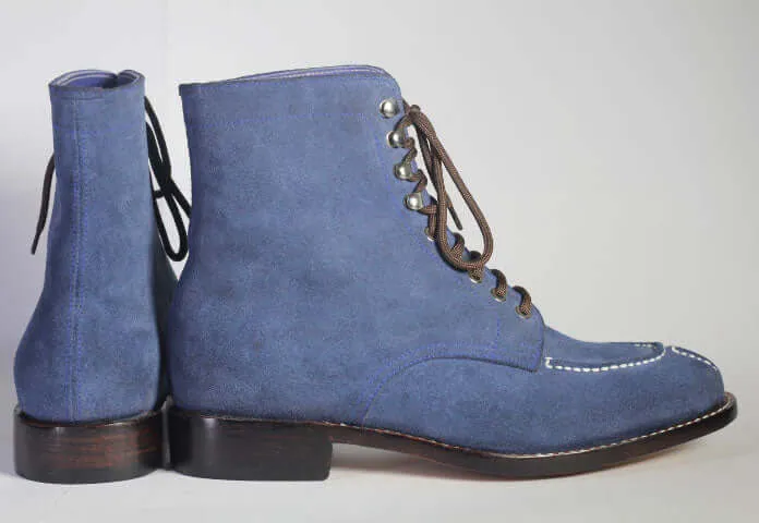 Bespoke Blue Suede Ankle Lace Up Boot