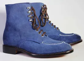 Bespoke Blue Suede Ankle Lace Up Boot