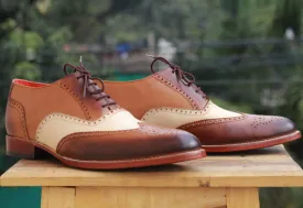 Bespoke Brown White Leather Wing Tip Lace Up Shoes