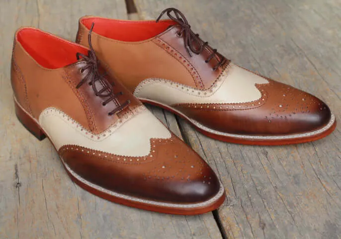 Bespoke Brown White Leather Wing Tip Lace Up Shoes