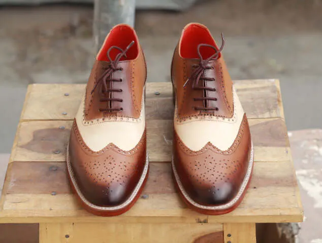 Bespoke Brown White Leather Wing Tip Lace Up Shoes