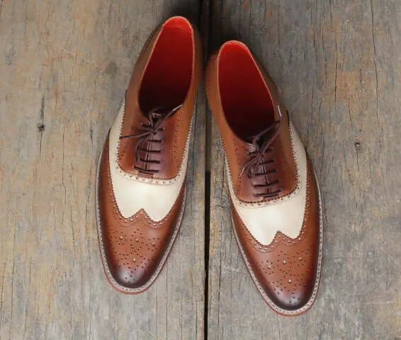 Bespoke Brown White Leather Wing Tip Lace Up Shoes