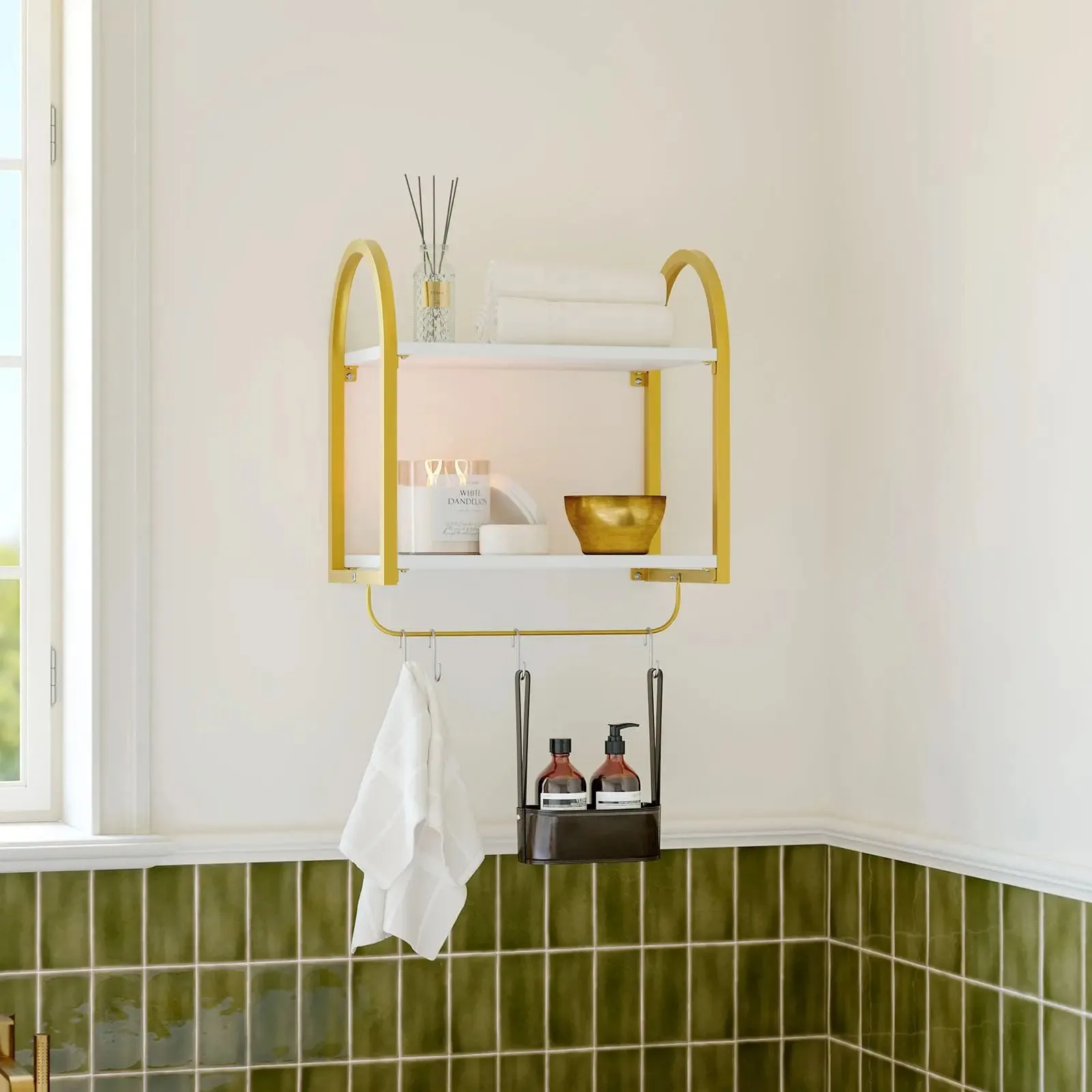 Bestier 2 Tier Floating Shelves with Towel Bar and Hooks for Wall