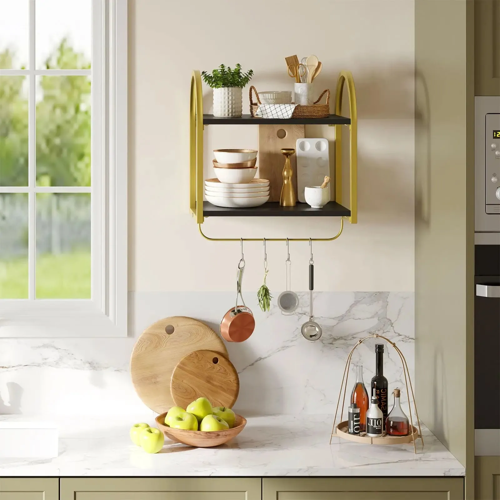 Bestier 2 Tier Floating Shelves with Towel Bar and Hooks for Wall