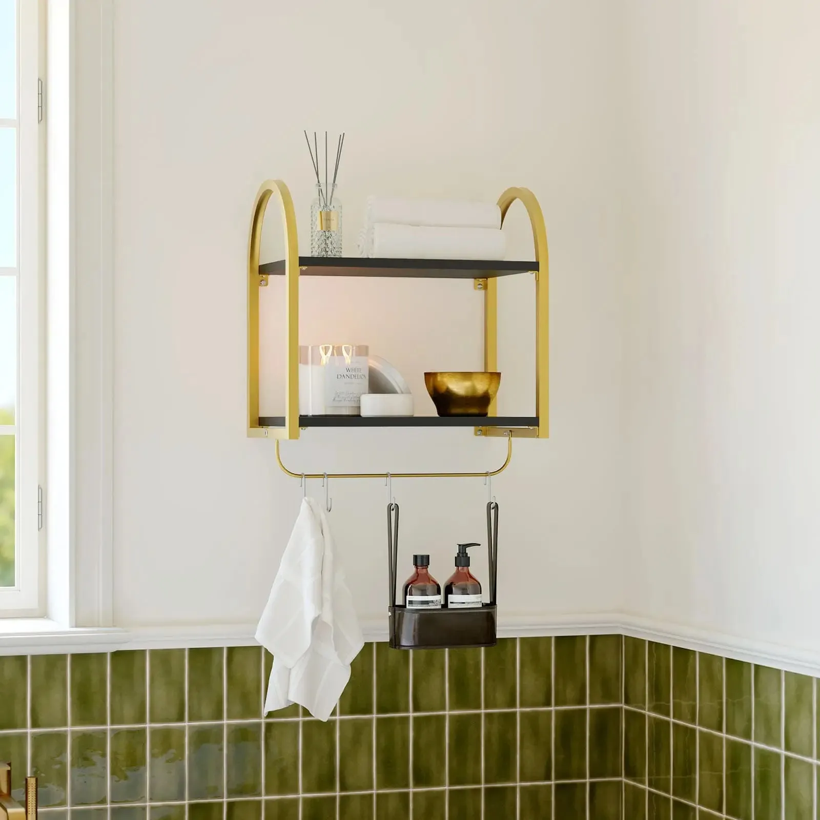 Bestier 2 Tier Floating Shelves with Towel Bar and Hooks for Wall