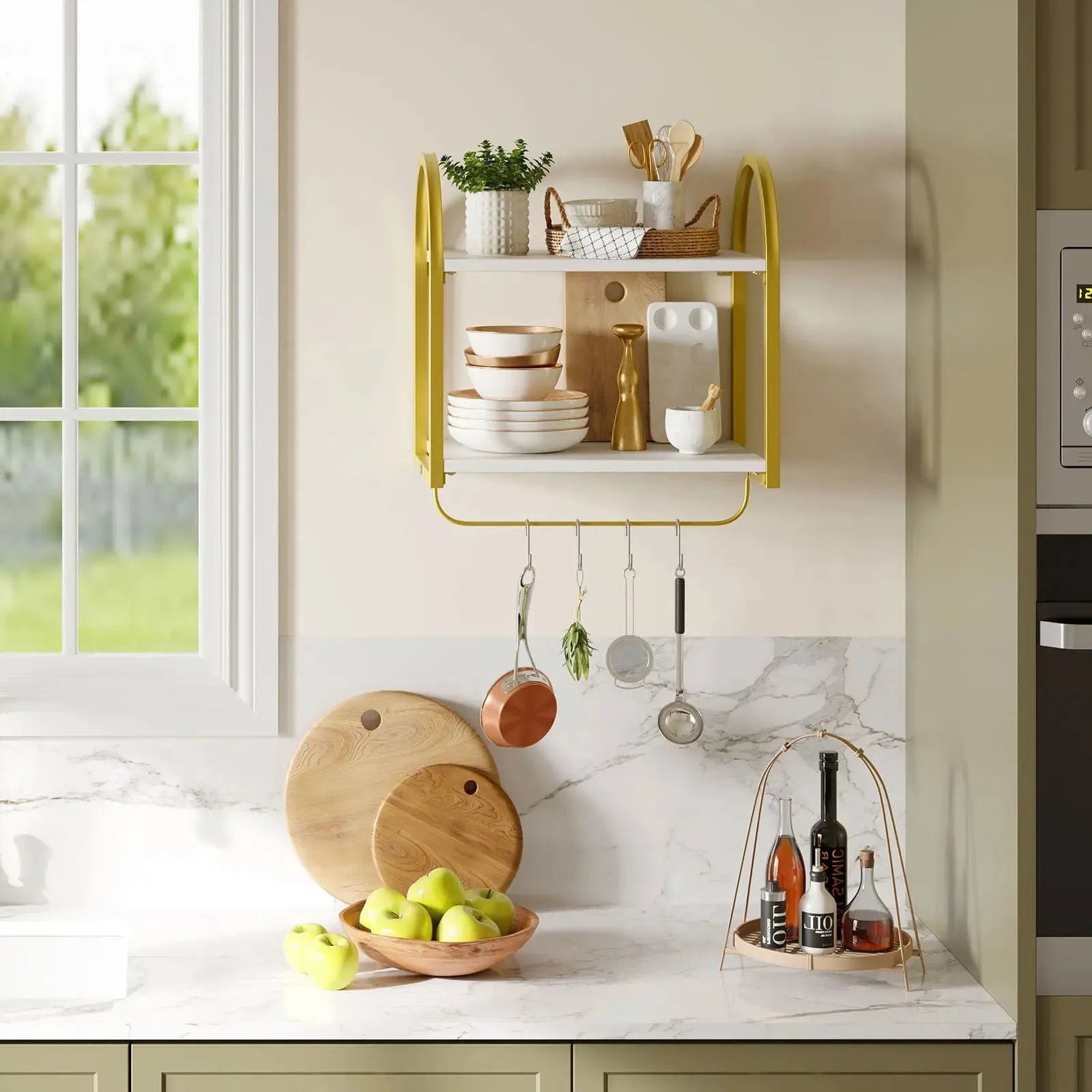 Bestier 2 Tier Floating Shelves with Towel Bar and Hooks for Wall