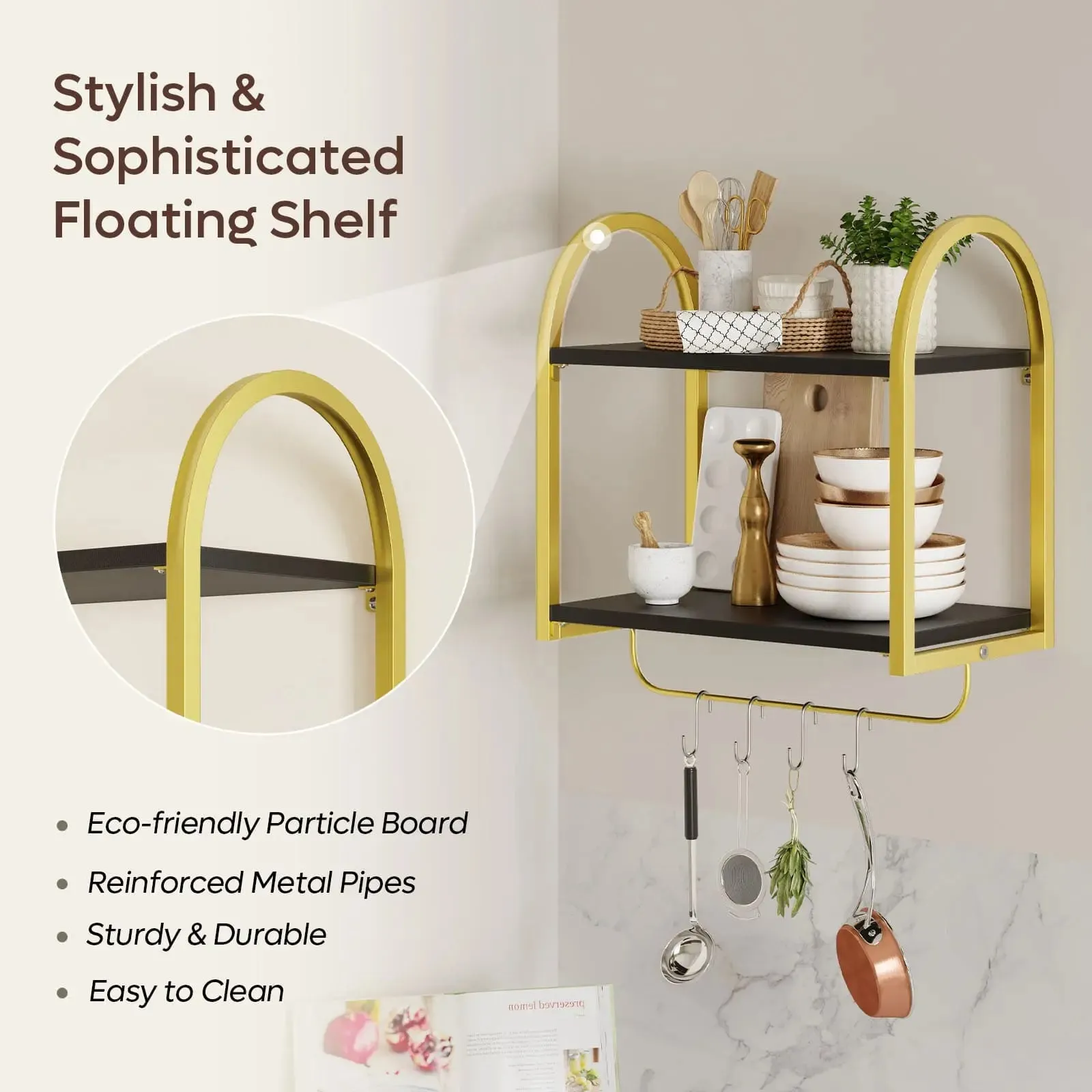 Bestier 2 Tier Floating Shelves with Towel Bar and Hooks for Wall