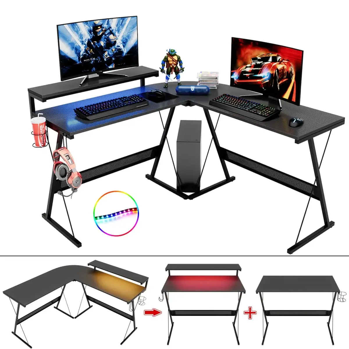 Bestier 65 Inch L-Shaped Gaming Desk with Cup Holder