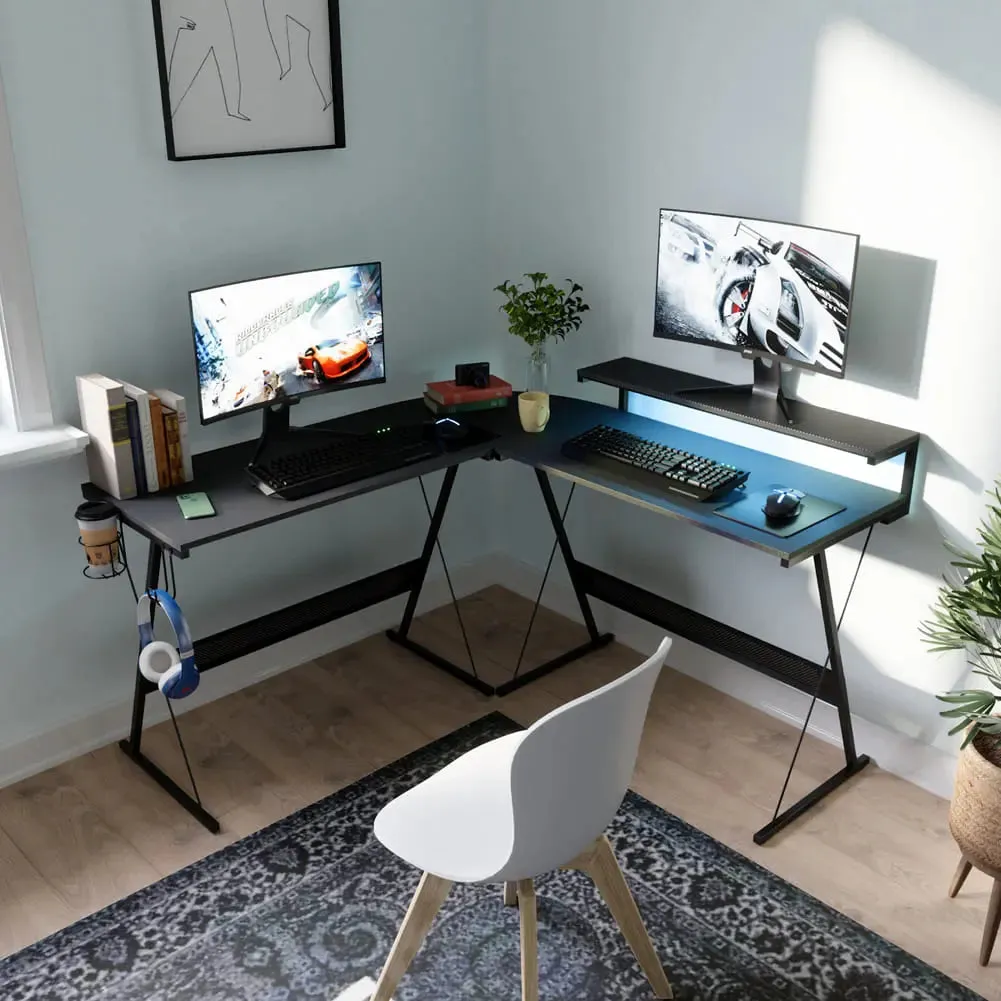 Bestier 65 Inch L-Shaped Gaming Desk with Cup Holder