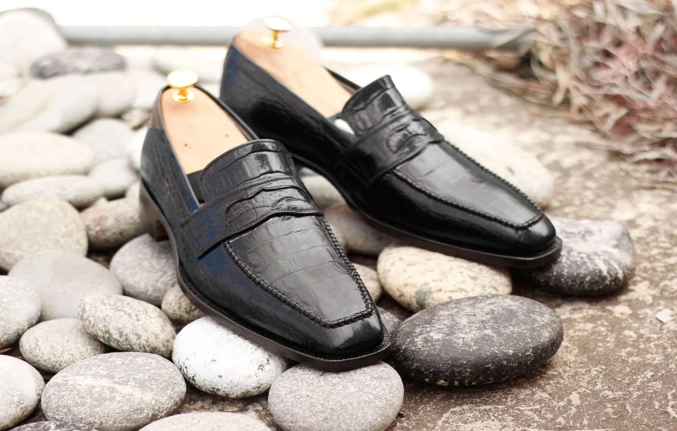 Black Alligator Leather Penny Loafer Shoes For Men's