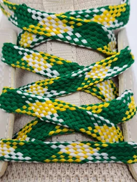 Flat Plaid Shoelaces -  Gold, Green and White