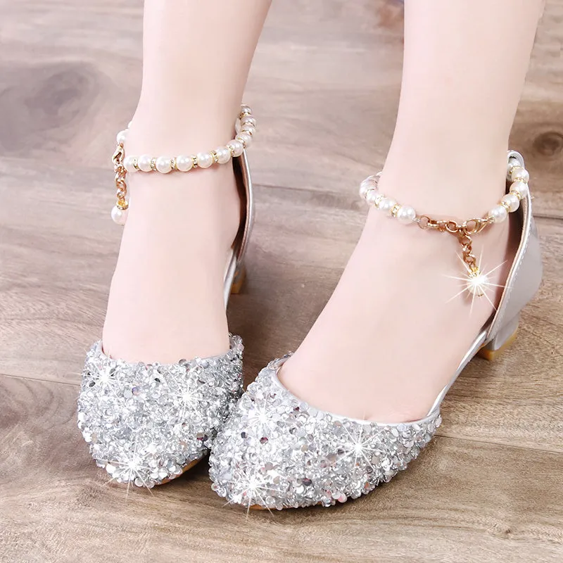 Girls' High Heels, Little Princess, Children's Sandals, Dance Show, Runway Show, Host Flower Girl, Silver  Dance Shoes