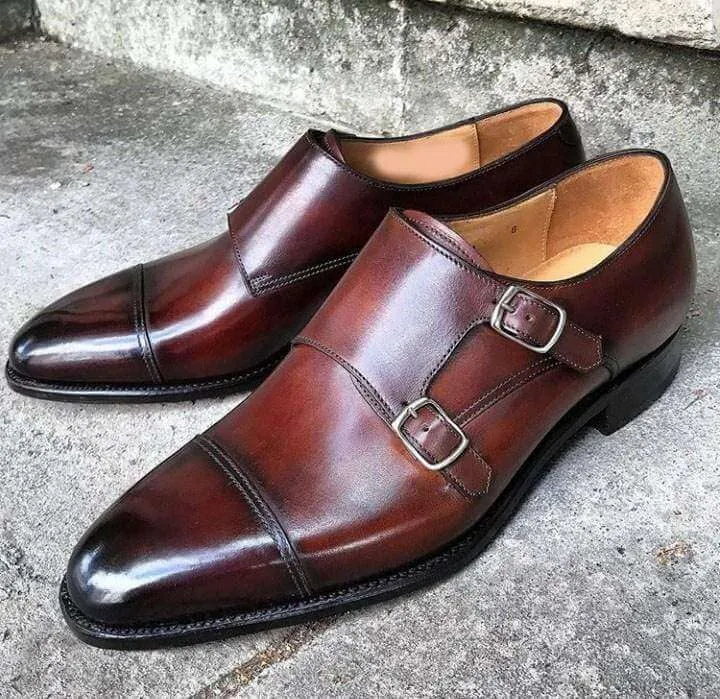 Handmade Men's Burgundy Leather Cap Toe Monk Strap Shoe