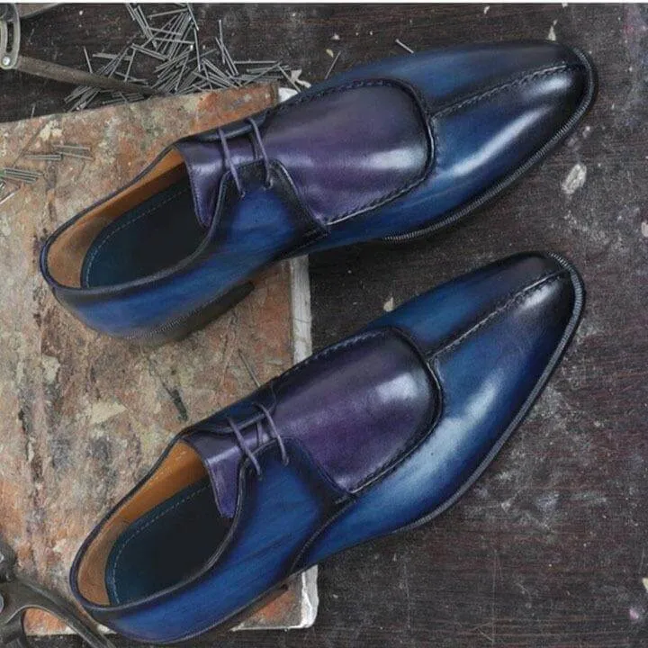 Handmade Men's Purple Blue Leather Split Toe Lace Up Shoes