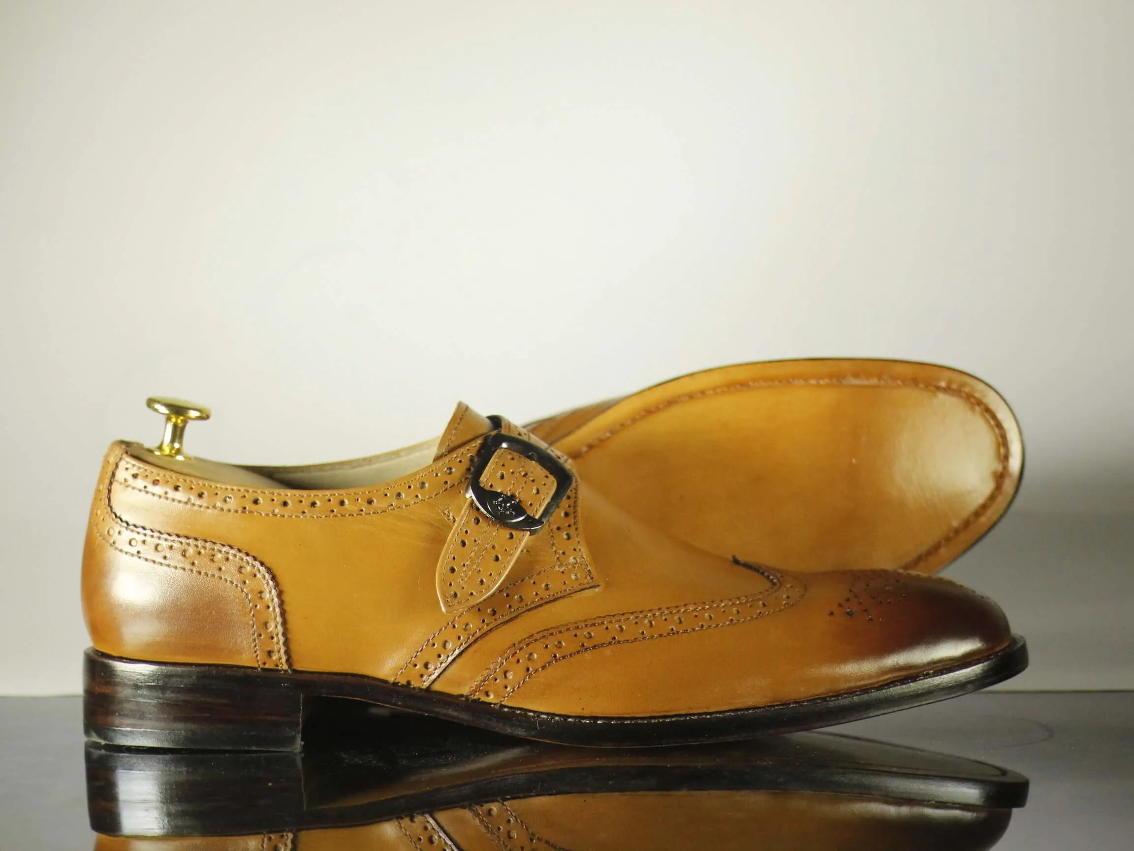 Handmade Tan Wing Tip Monk Straps Leather Shoes for Men