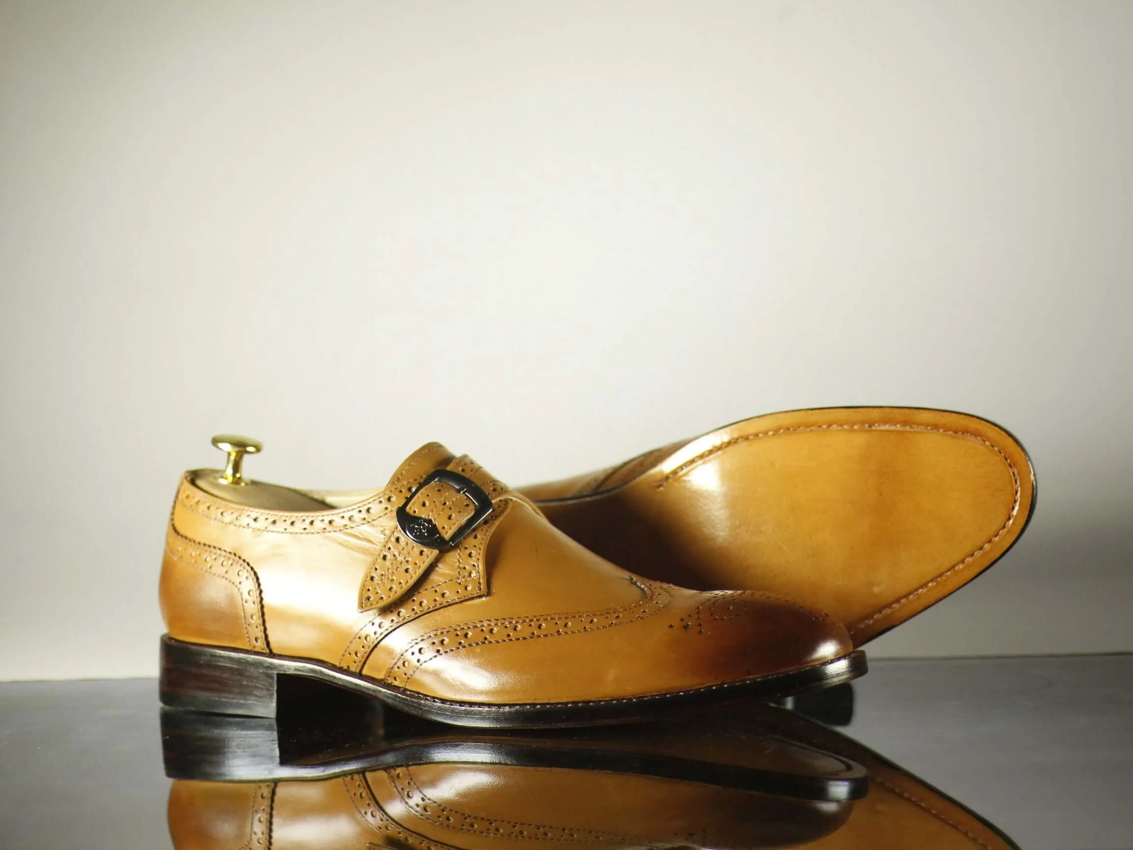 Handmade Tan Wing Tip Monk Straps Leather Shoes for Men