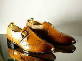 Handmade Tan Wing Tip Monk Straps Leather Shoes for Men