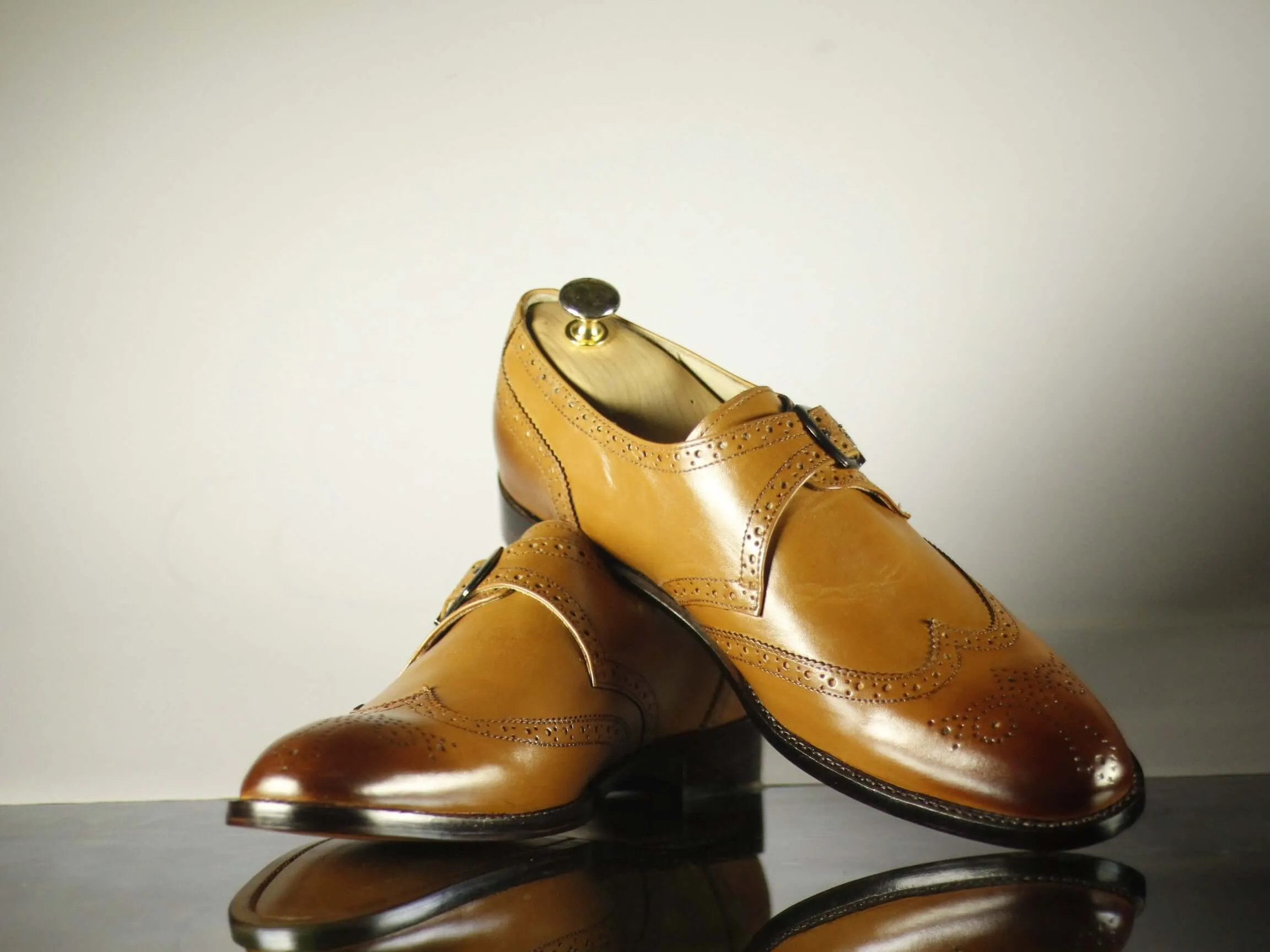 Handmade Tan Wing Tip Monk Straps Leather Shoes for Men