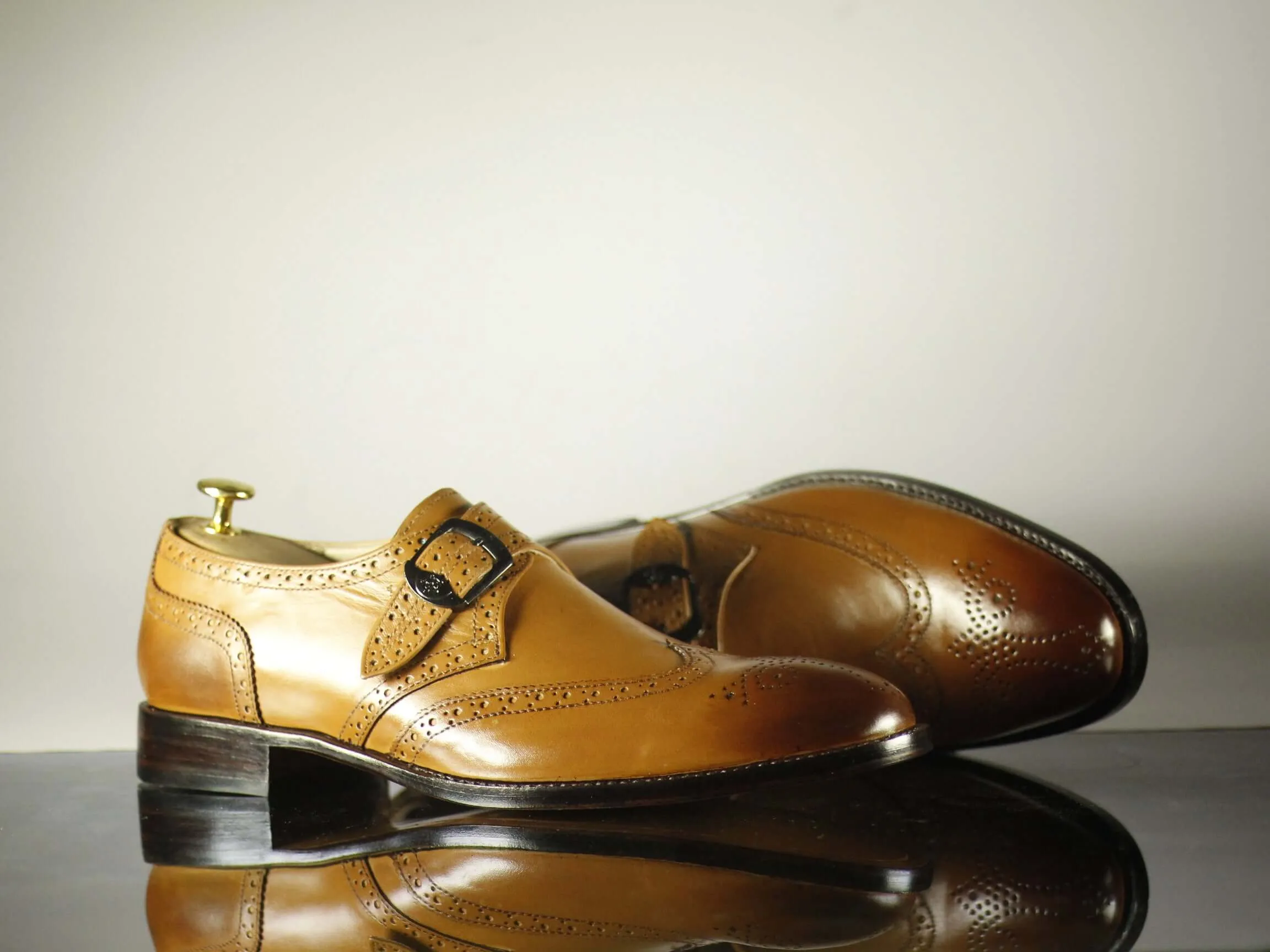 Handmade Tan Wing Tip Monk Straps Leather Shoes for Men