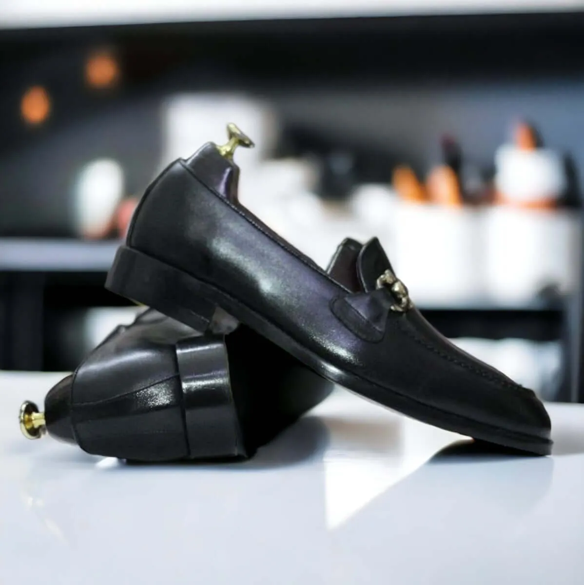 New Stylish Pure Black Hand Painted Loafer Shoes