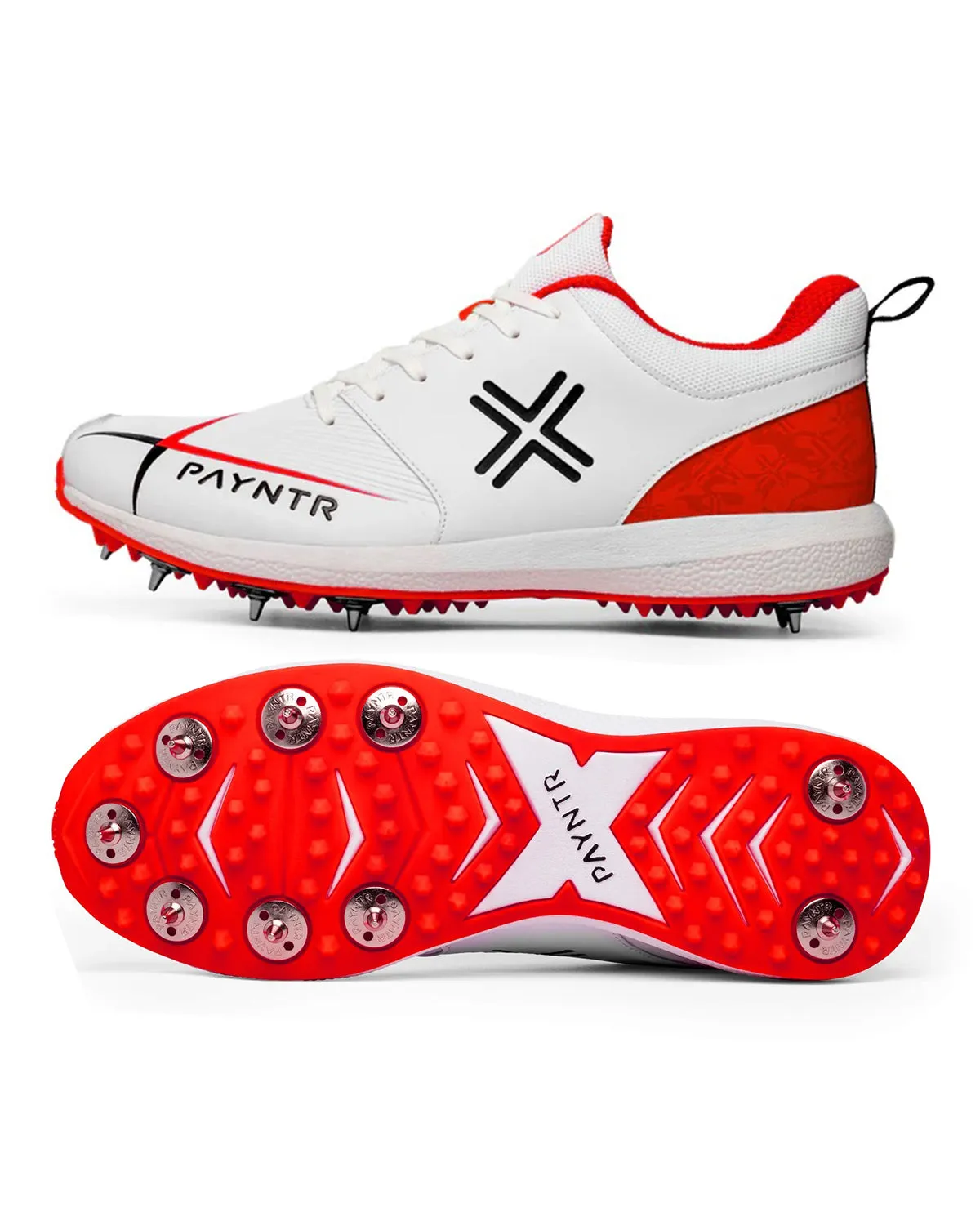 Payntr V Cricket Shoes - Steel Spikes - White/Red (2024)