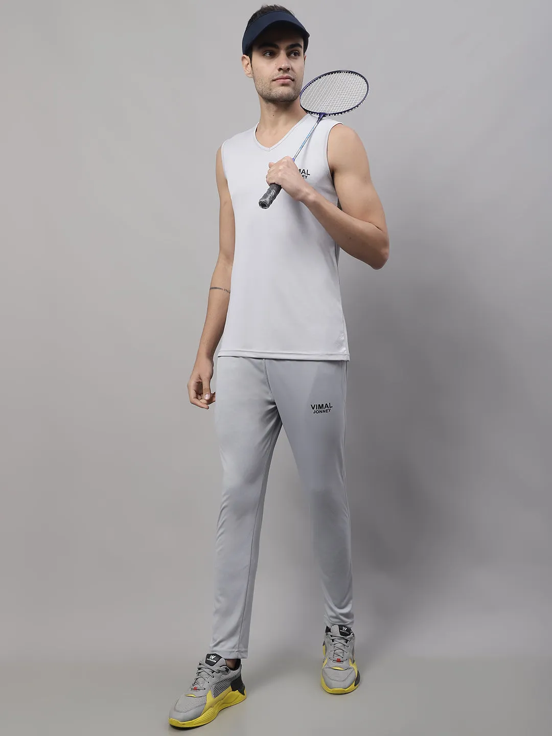 Vimal Jonney Light Grey Dryfit Lycra Solid Co-ord Set Tracksuit For Men(Zip On 1 Side Pocket)