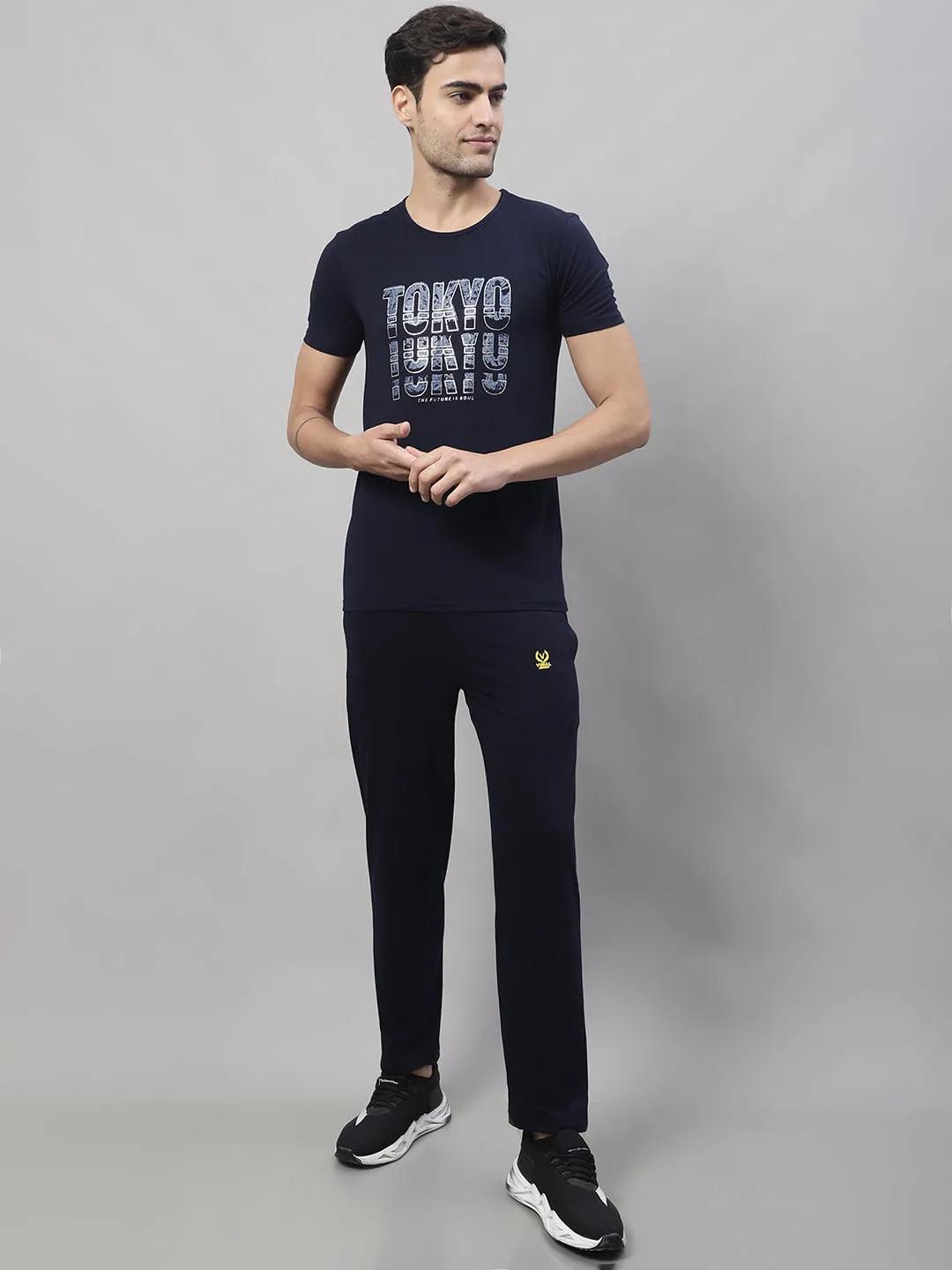 Vimal Jonney Navy Blue Cotton Printed Co-ord Set Tracksuit For Men(Zip On 1 Side Pocket)