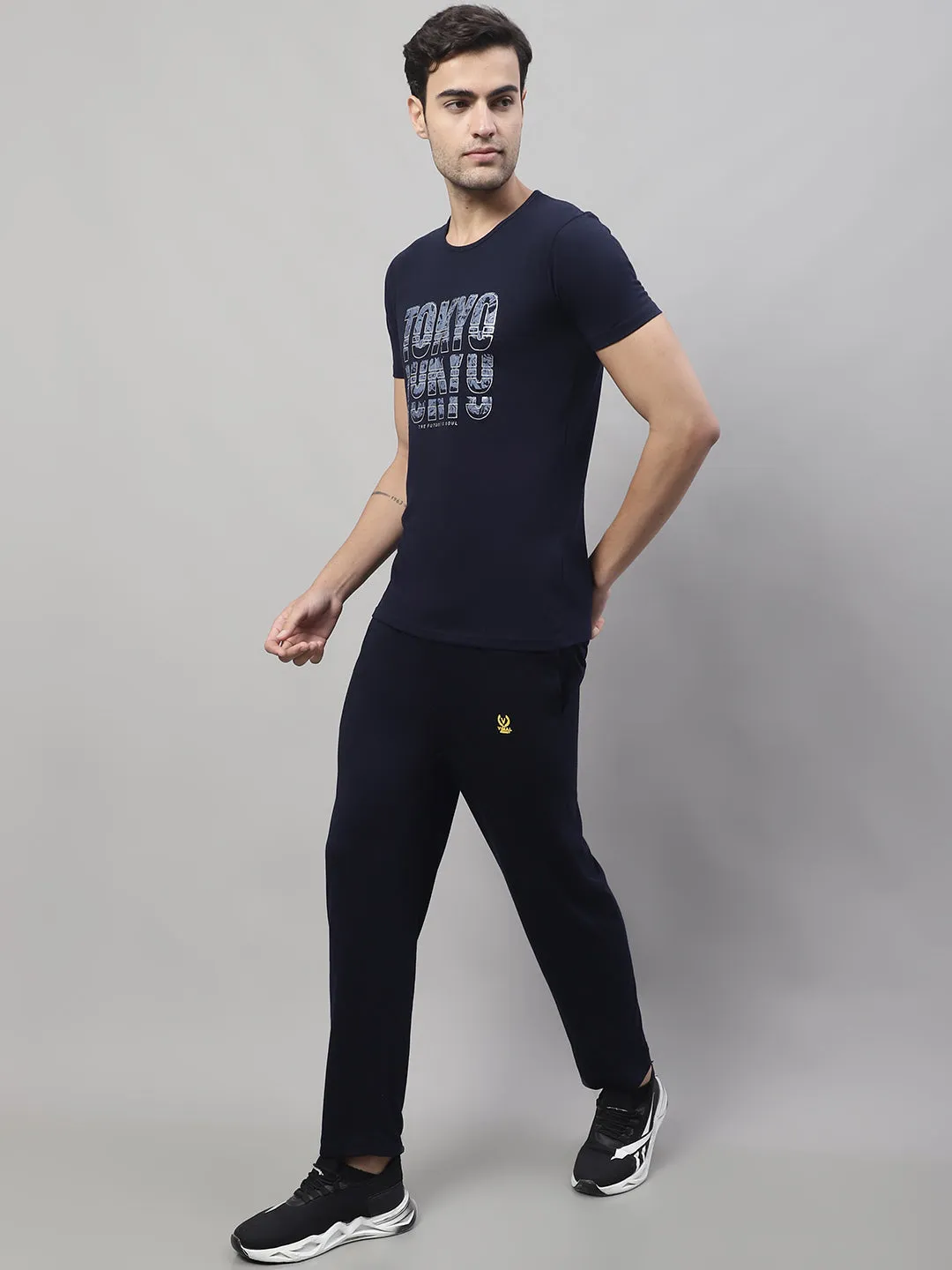 Vimal Jonney Navy Blue Cotton Printed Co-ord Set Tracksuit For Men(Zip On 1 Side Pocket)