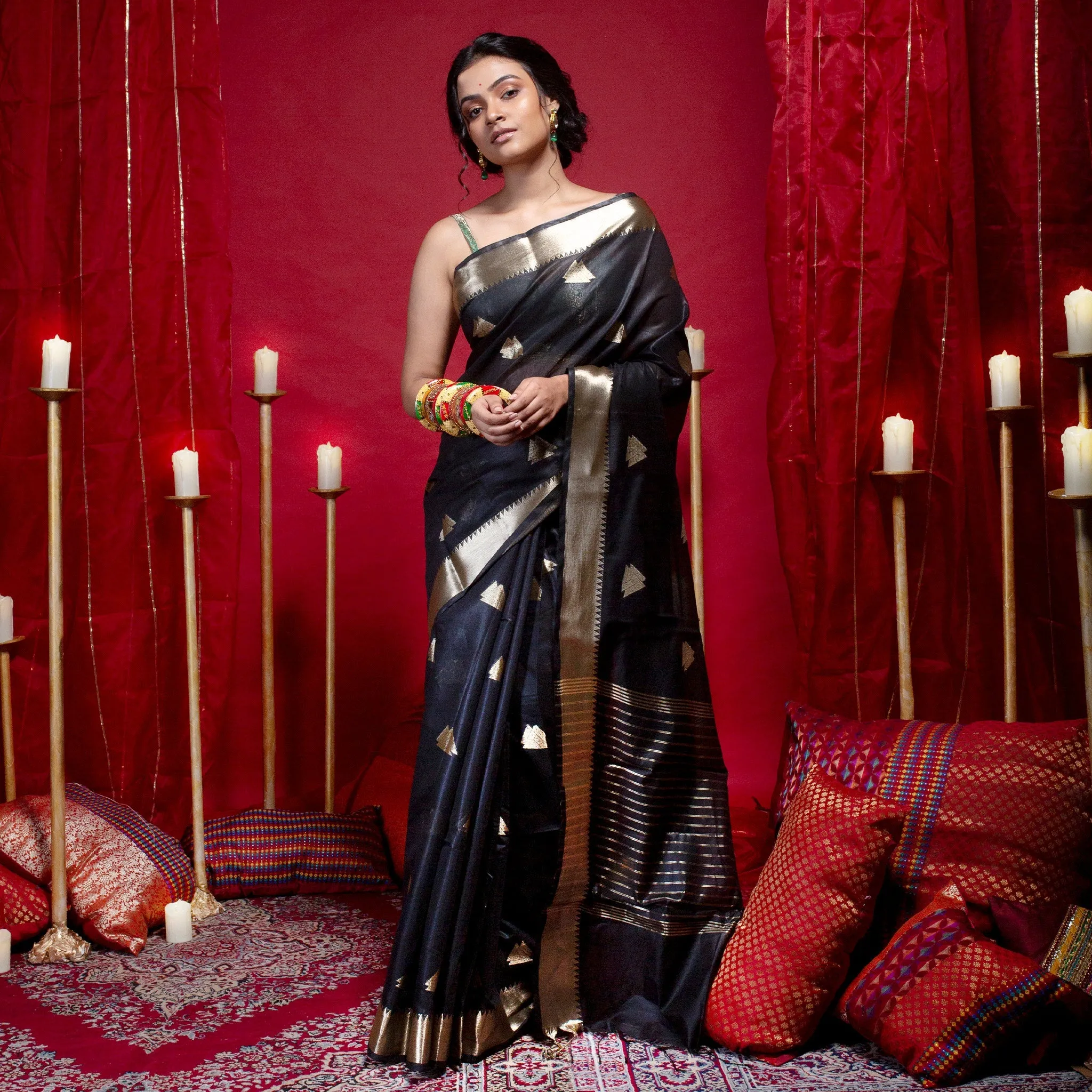 Women Banarasi Kora Organza Saree In Black Color With Triangle Zari Motifs And Border