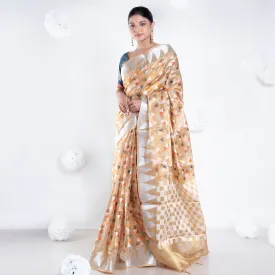 Women Banarasi Kora Organza Saree In Mud Yellow Color With Multicolor Motifs With Copper Zari