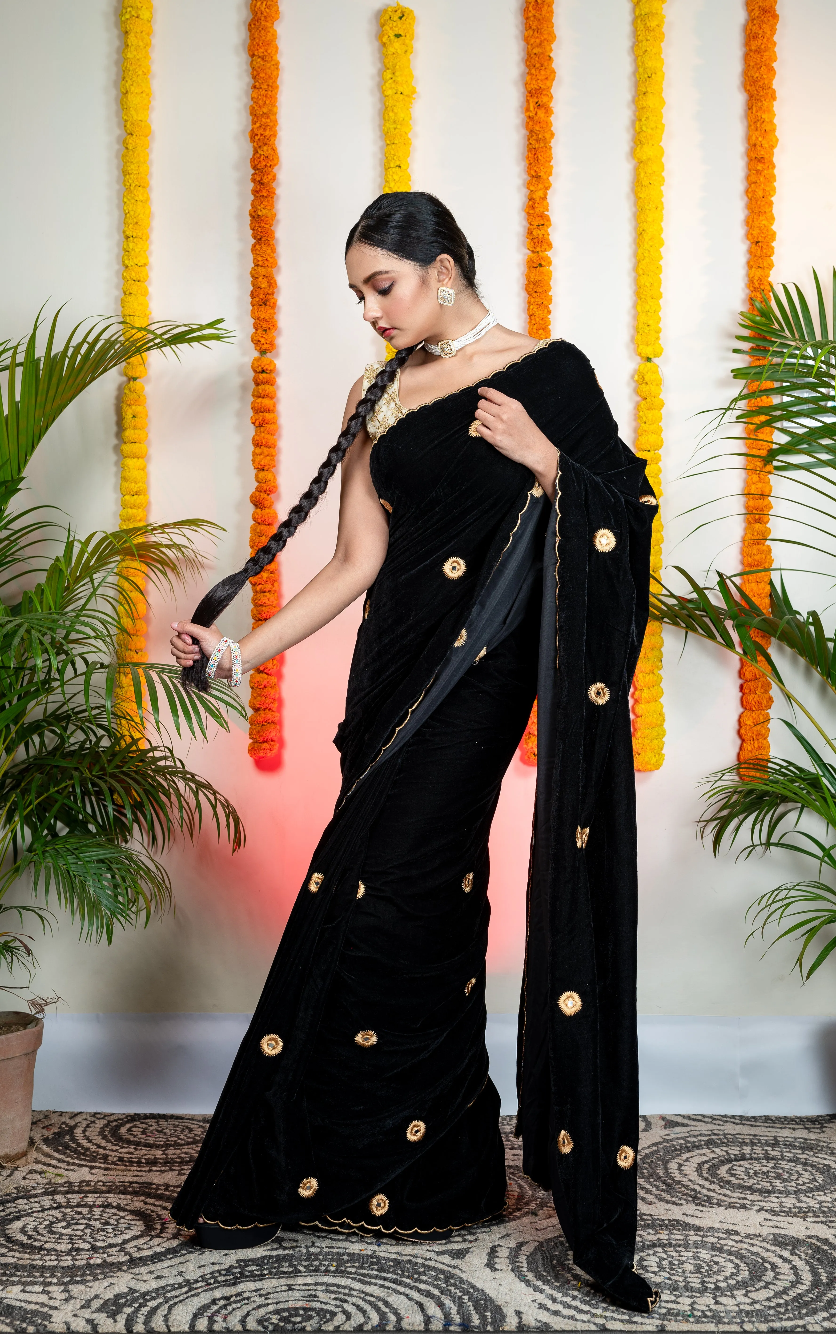 Women Black Velvet Machine Embroidered Saree