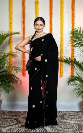 Women Black Velvet Machine Embroidered Saree