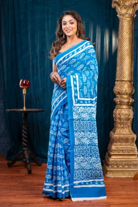 Women Blue Pure Bagru Malmal Cotton Saree With Umbrella Print