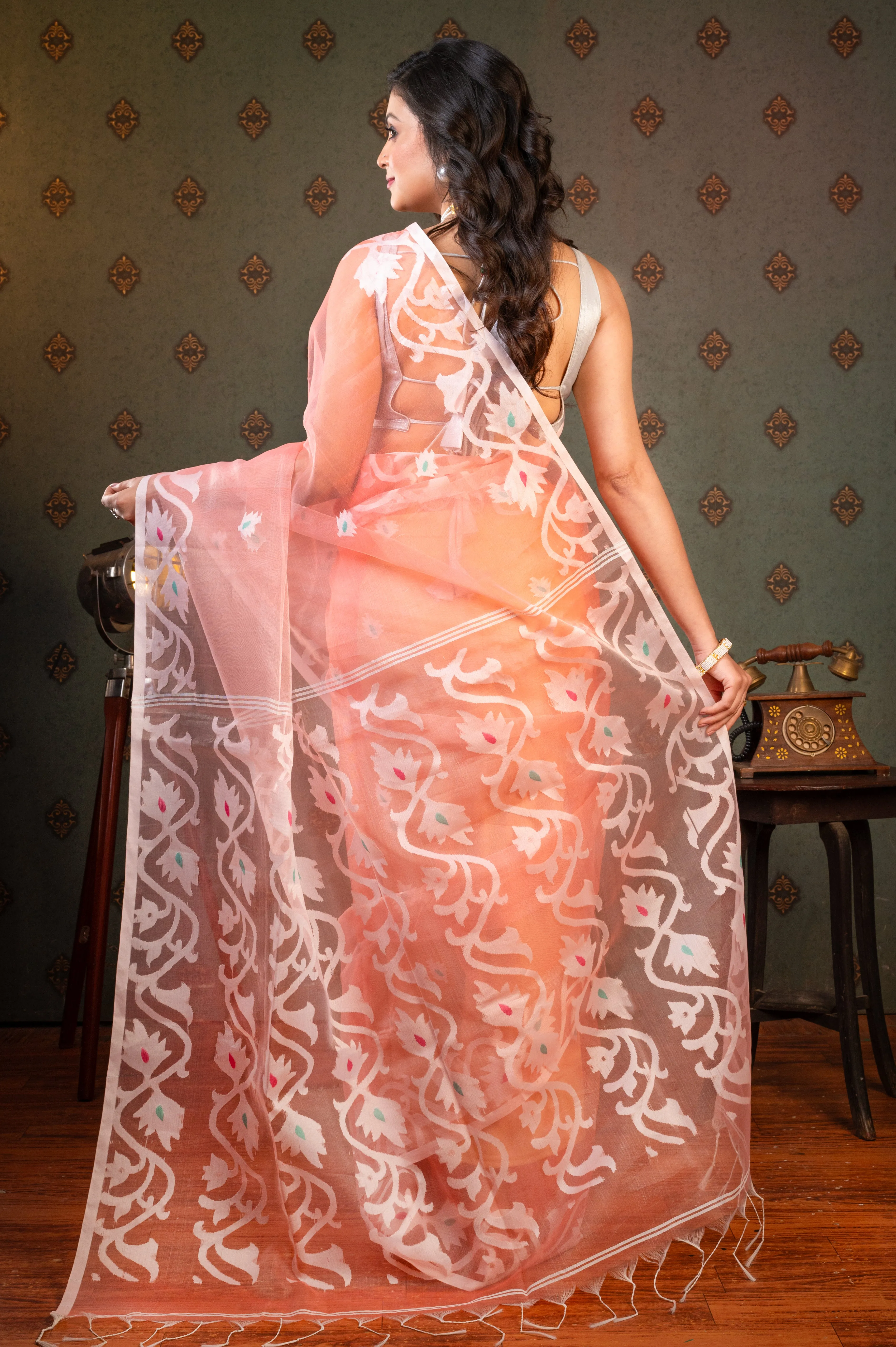 Women Coral Pure Muslin Saree With Off-White Woven Motifs