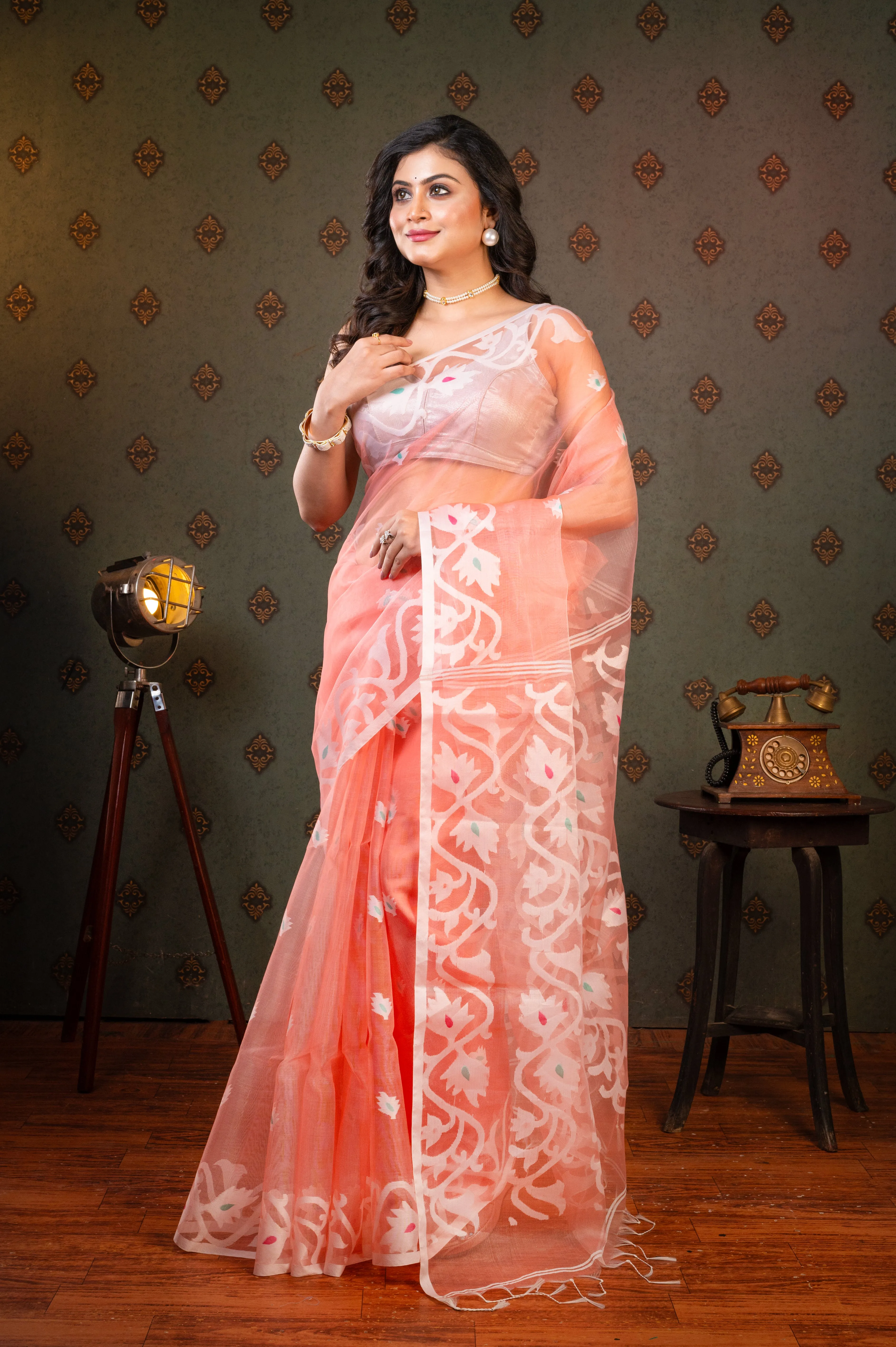 Women Coral Pure Muslin Saree With Off-White Woven Motifs