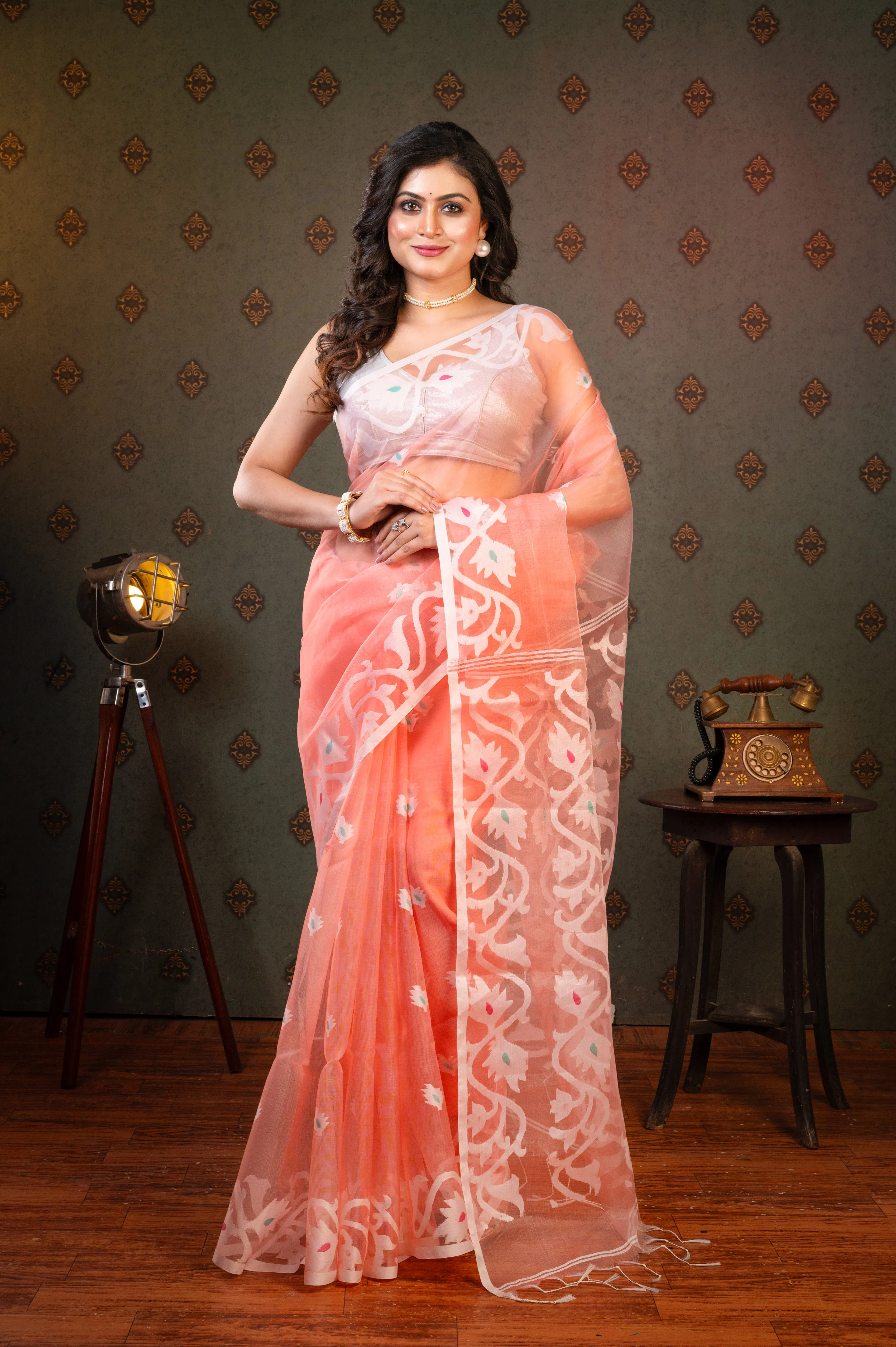 Women Coral Pure Muslin Saree With Off-White Woven Motifs