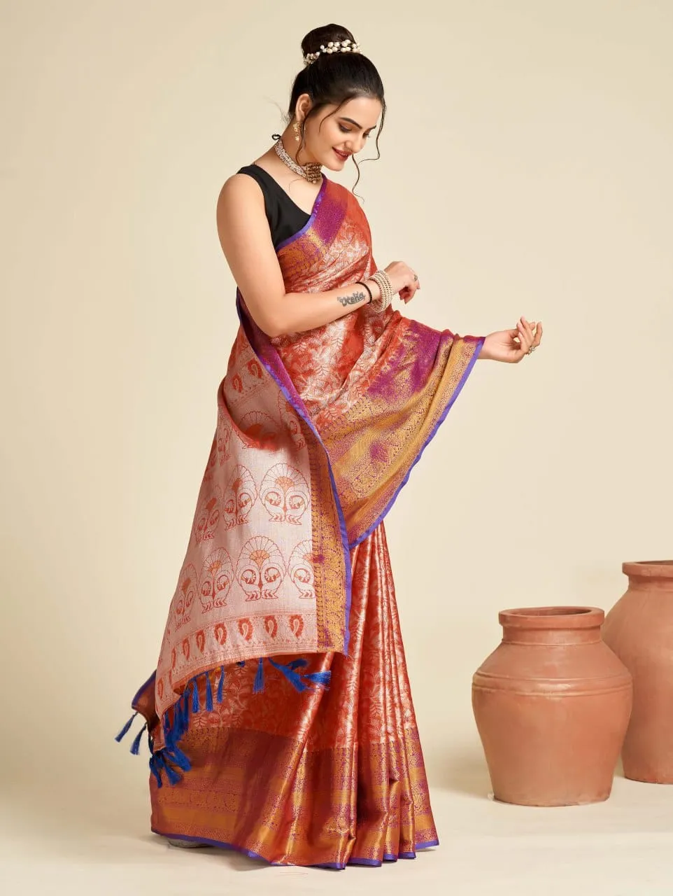 Women Party Wear Designer Orange Colour Banarasi Silk Saree Collection