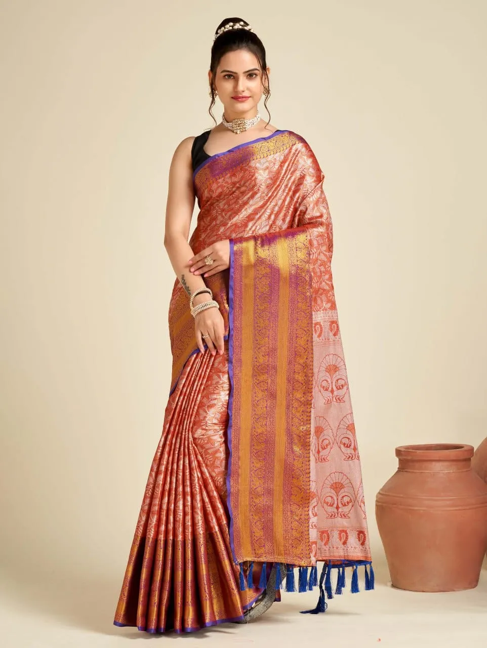 Women Party Wear Designer Orange Colour Banarasi Silk Saree Collection