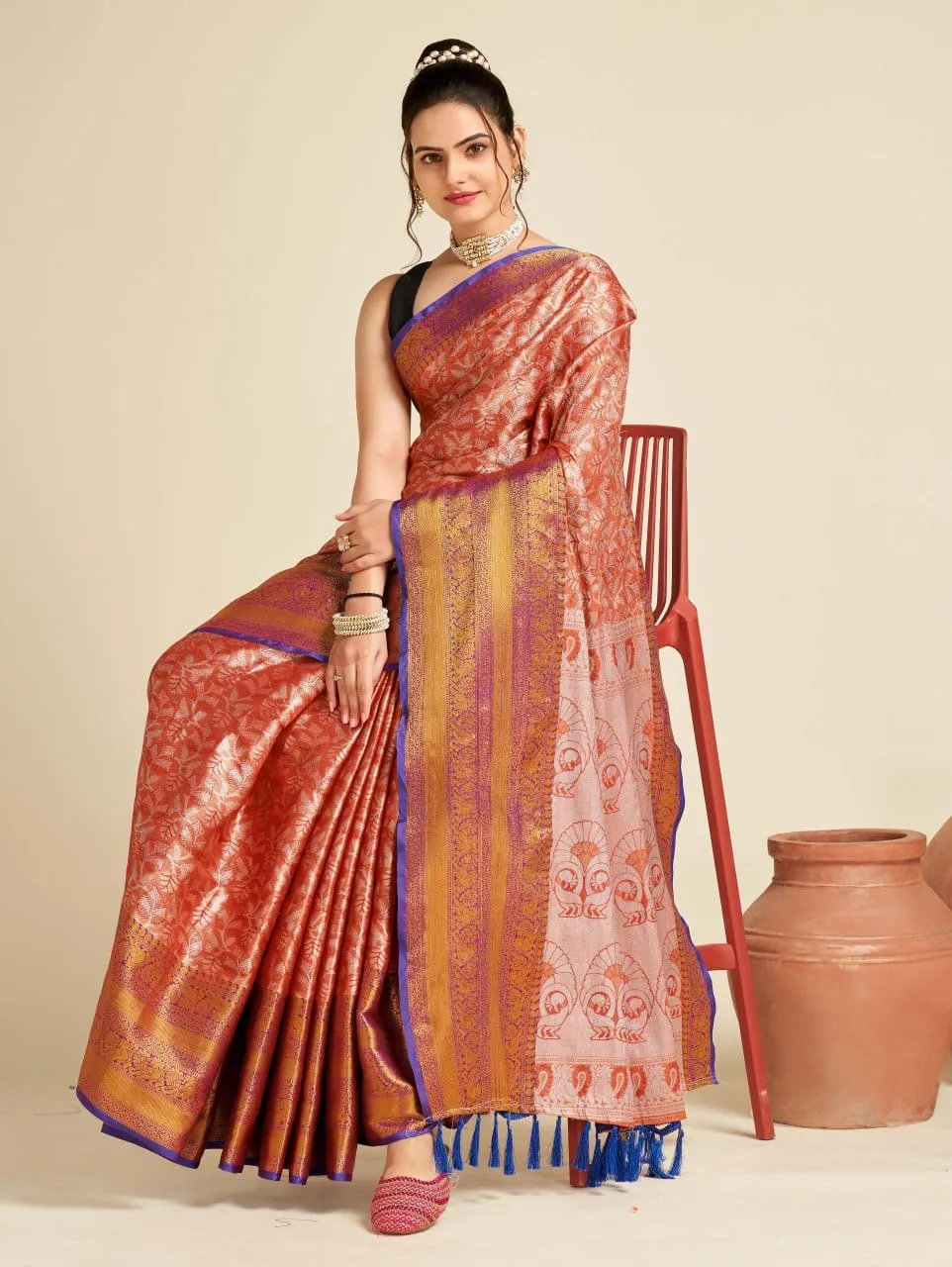 Women Party Wear Designer Orange Colour Banarasi Silk Saree Collection