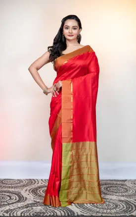 Women Red Kanjivaram Soft Silk Saree With Golden Stripe Pallu And Border