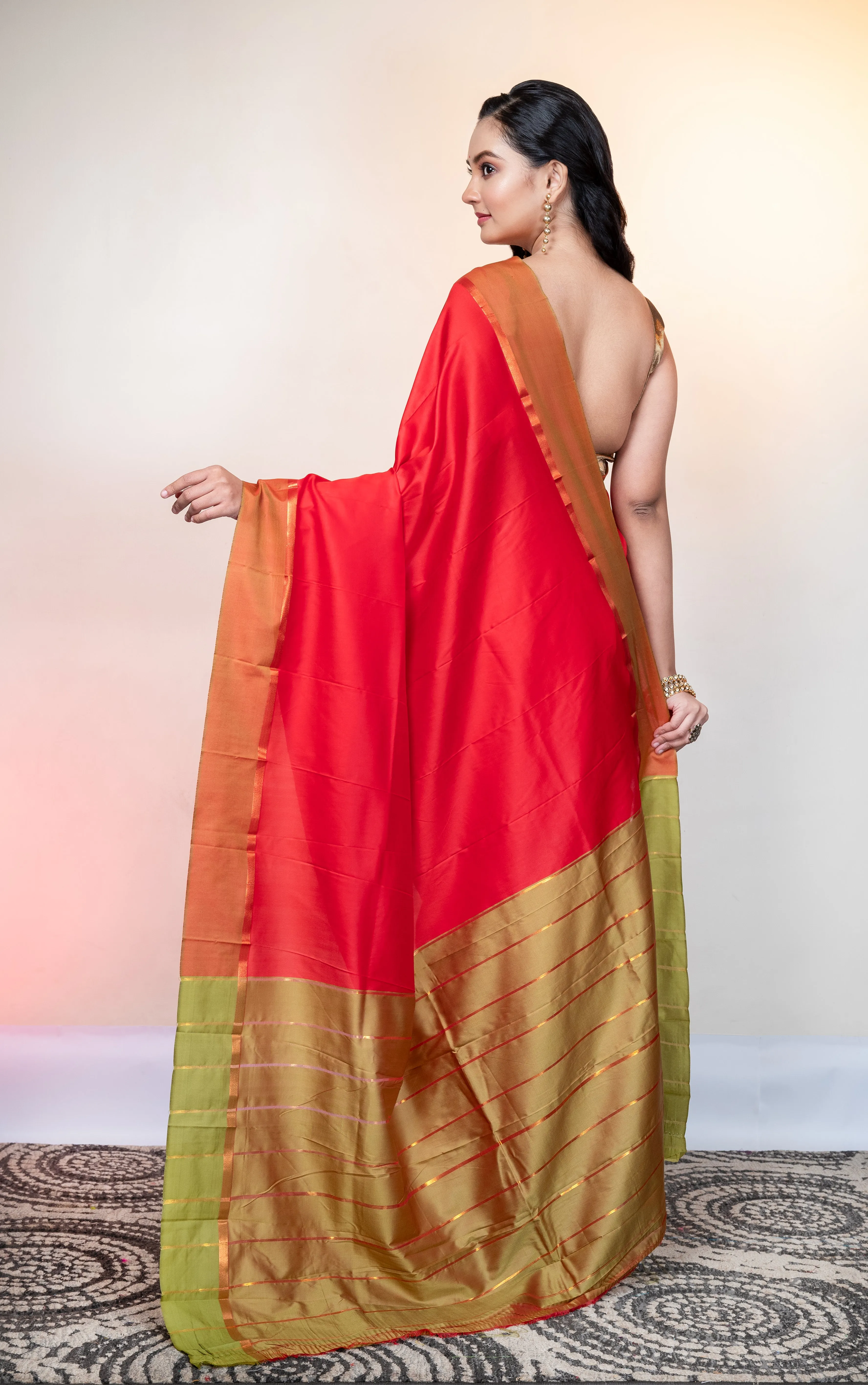 Women Red Kanjivaram Soft Silk Saree With Golden Stripe Pallu And Border