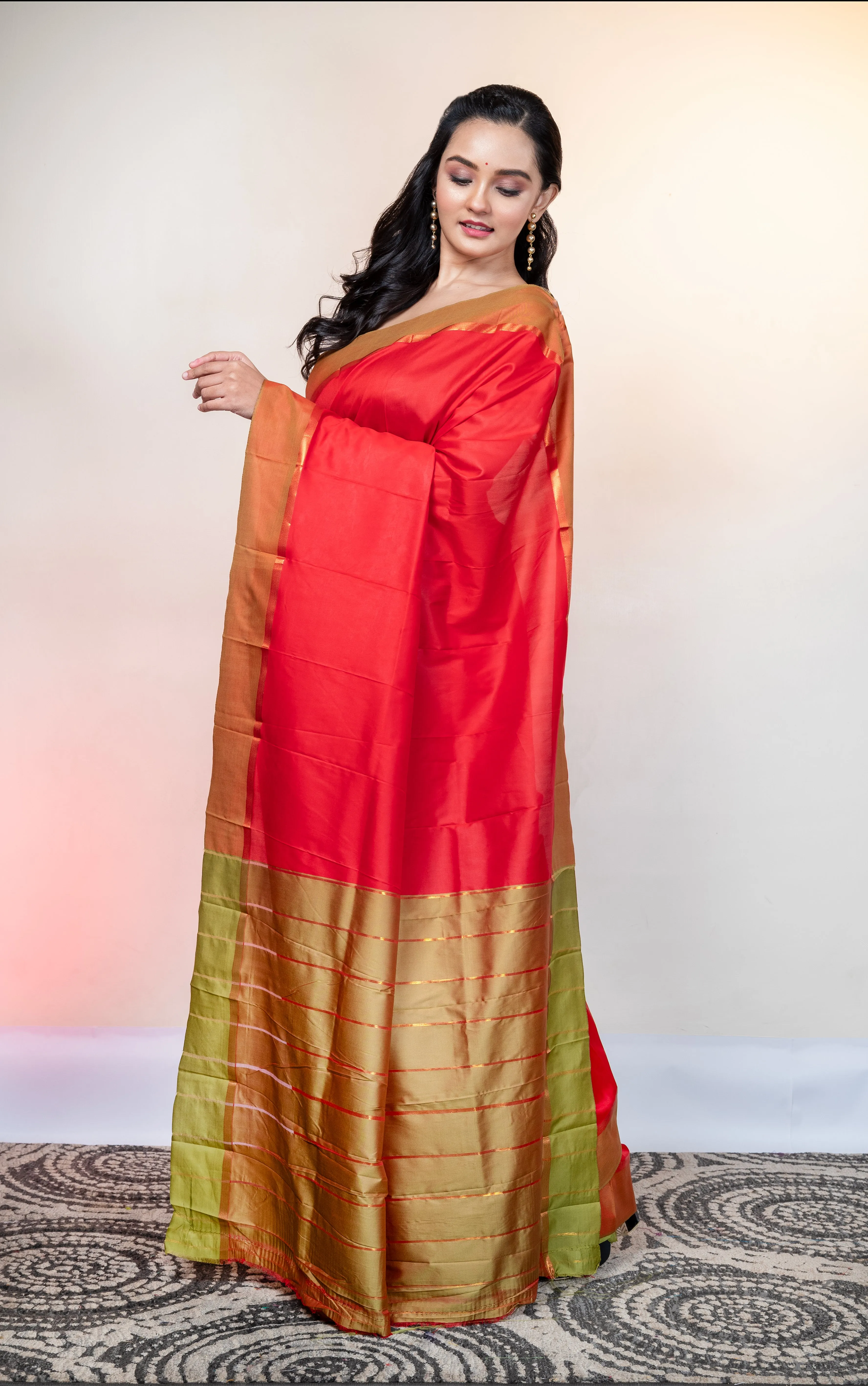 Women Red Kanjivaram Soft Silk Saree With Golden Stripe Pallu And Border